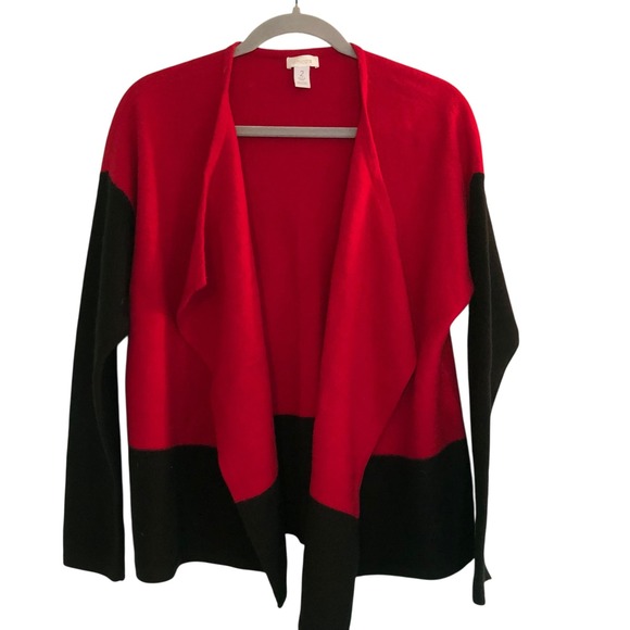 Chico's Red Black Wool Waterfall  Cardigan Sweater Open‎ Front - Picture 1 of 4